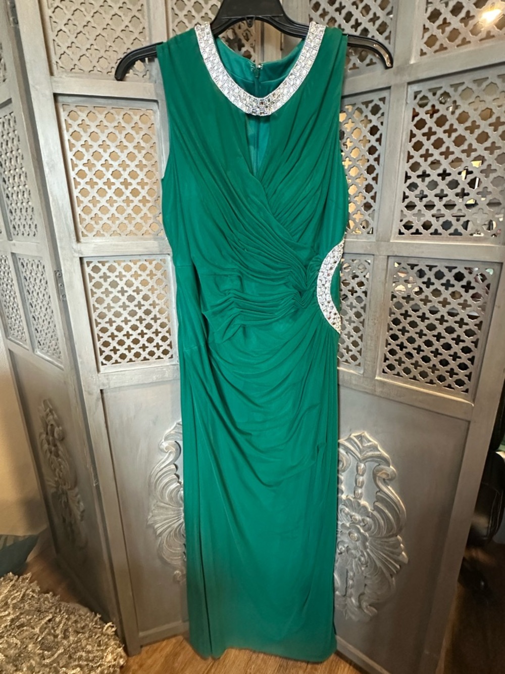 MOVING SALE MARINA Emerald Green Maxi Dress with Silver Crystal Trim